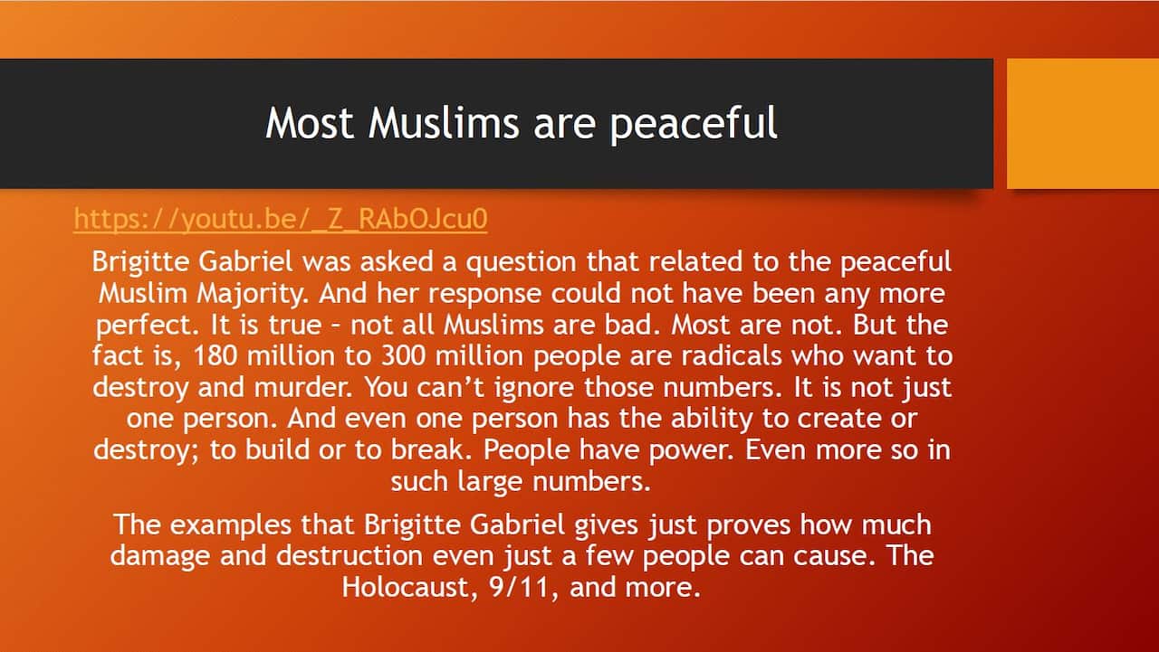 A screenshot of the slide, titled "Most Muslims are peaceful."