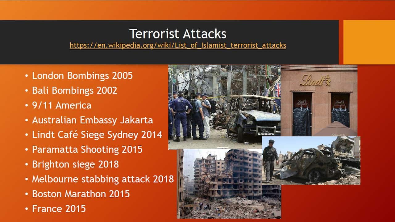 Another offending slide specifically listed Islamist terrorist attacks.