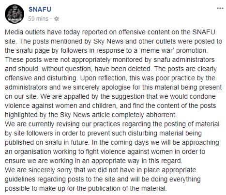 A post on the SNAFU page said the offensive posts were part of a “meme war promotion”.