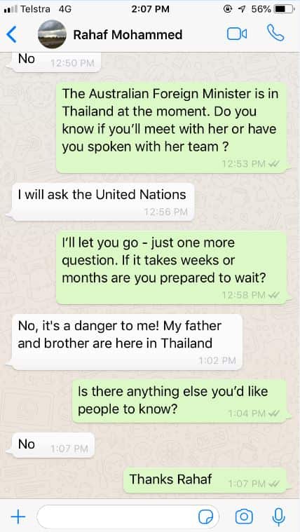 The Snapchat exchange between SBS News journalist Hannah Sinclair and Rahaf Mohammed Alqunun. 