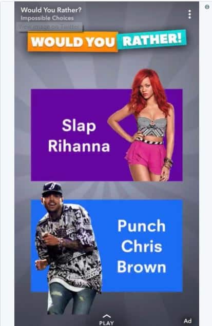 The ad for the game 'Would You Rather?' that appeared on Snapchat.