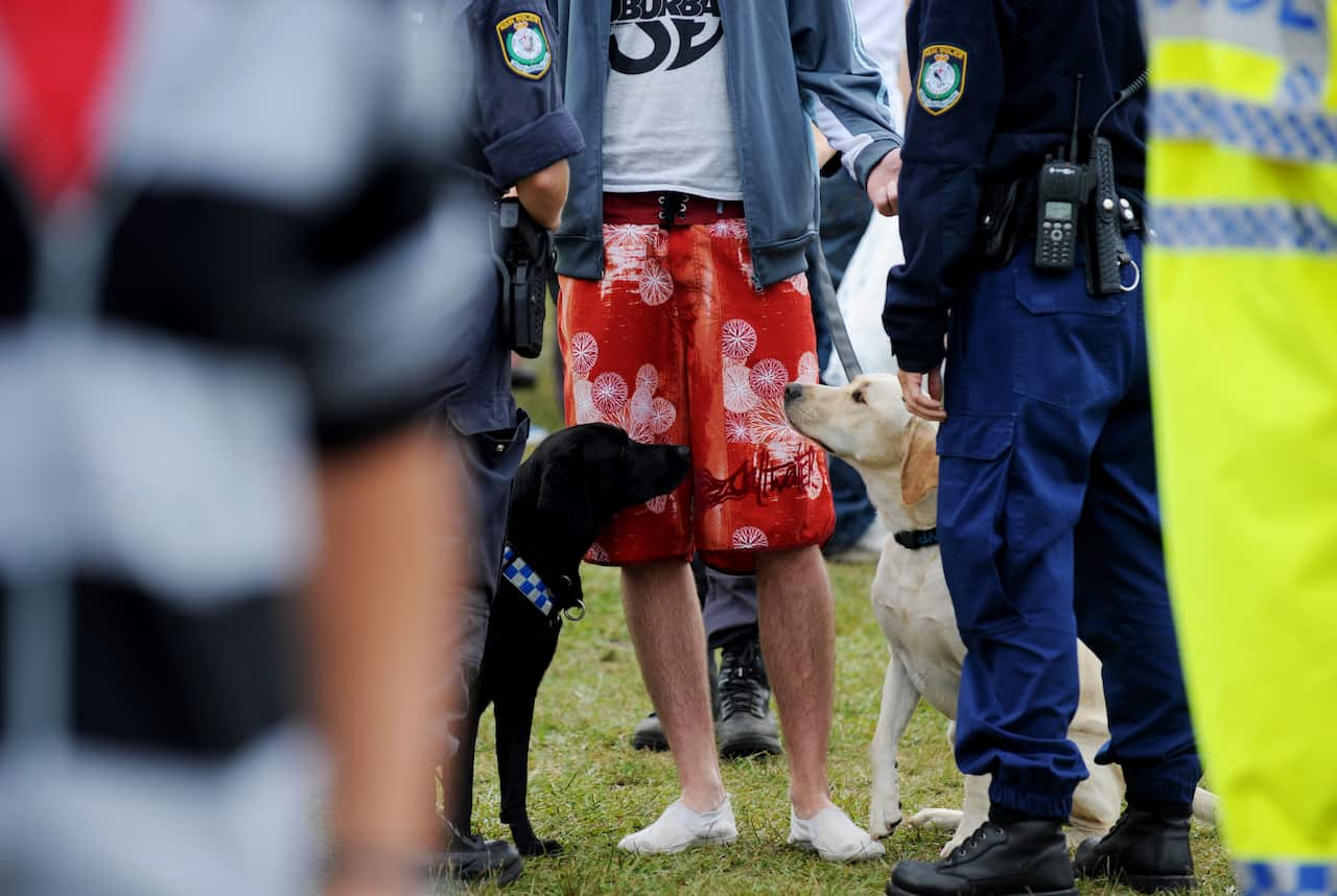 Police search a festival goer at the Good Vibrations music festival at Centennial Park.