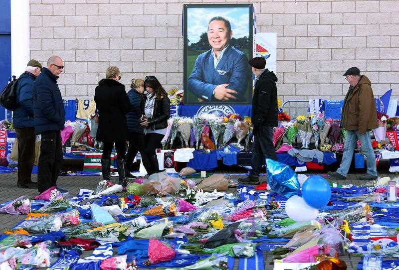 Flowers, tributes and messages of condolence outside the King Power stadium, following the death of  Leicester City owner Vichai Srivaddhanaprabha.