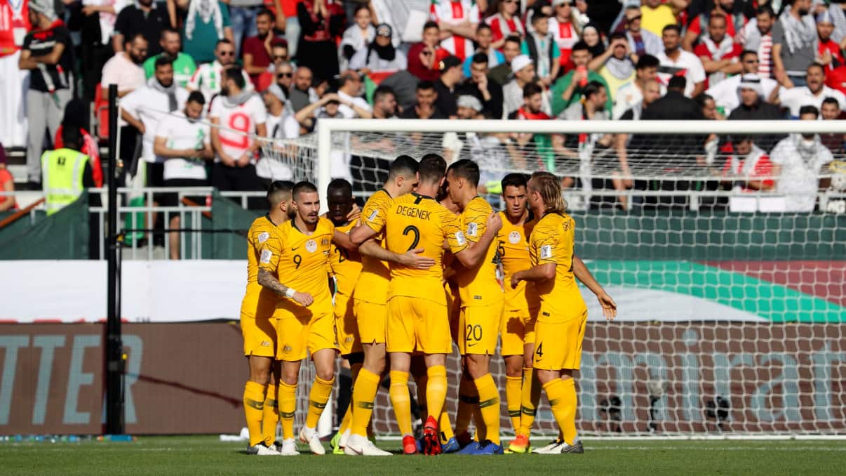 The Socceroos during the second half of the game.