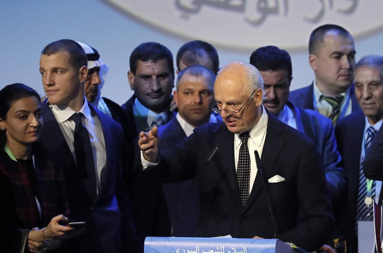  UN Special Envoy for Syria Staffan de Mistura (C) speaks during the Syrian National Dialogue Congress in the Black sea resort of Sochi, Russia, 30 January 2018.