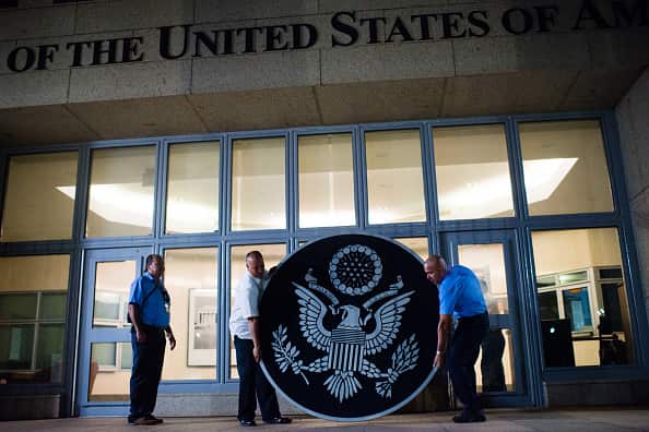 Staff at Havana's US Embassy. US government pulled more than half of its diplomatic personnel out of Cuba after an alleged sonic attack.