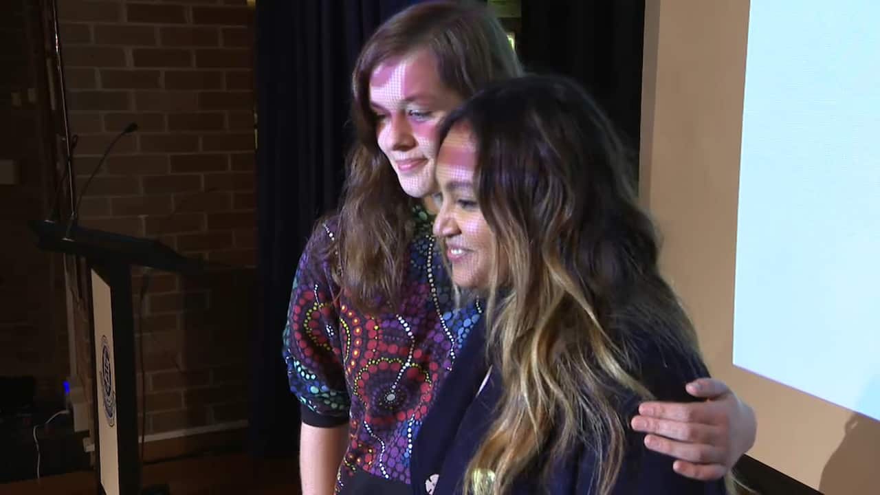 Year 11 student Sophia Tudman with Jessica Mauboy.