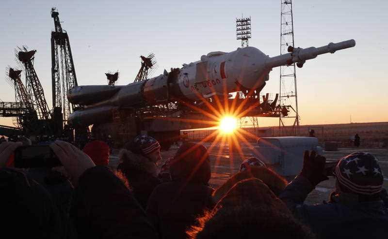 The Soyuz booster rocket FG with Soyuz MS-11 spacecraft is installed on the launch pad at the Baikonur Cosmodrome, Kazakhstan.