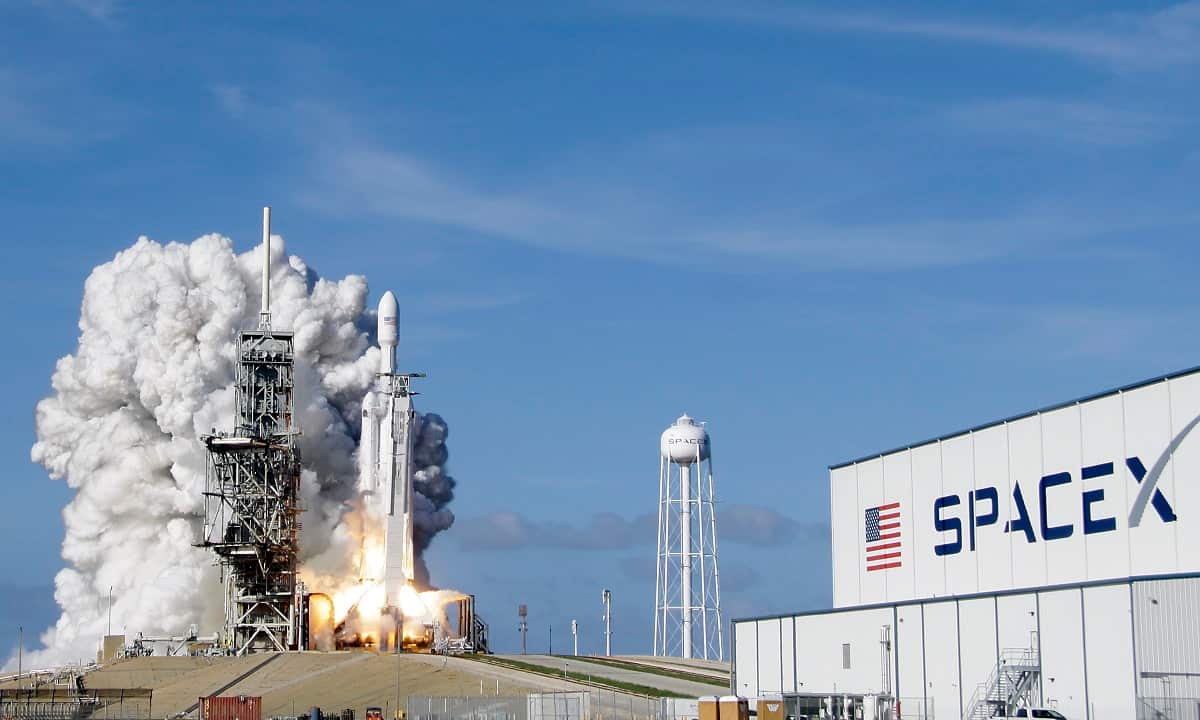 A Falcon 9 SpaceX heavy rocket lifts off from pad 39A at the Kennedy Space Center in Cape Canaveral.