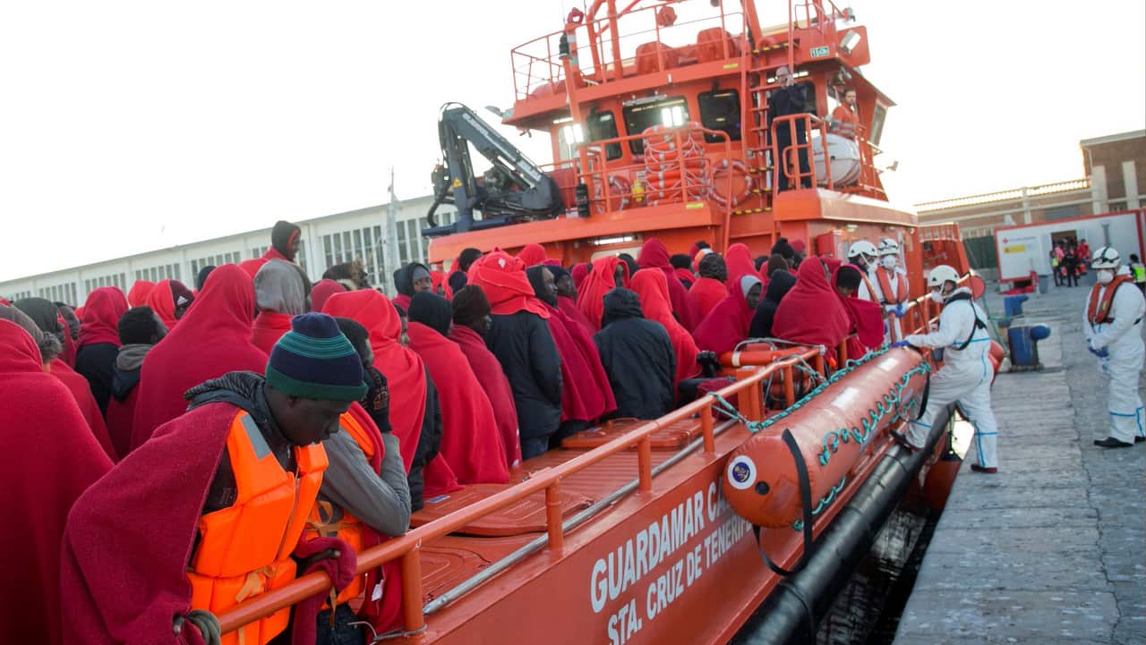 Some migrants arrive at Malaga's port after been rescued by Spanish Salvamento Maritimo, in Malaga, Andalusia, Spain, 06 January 2018.  