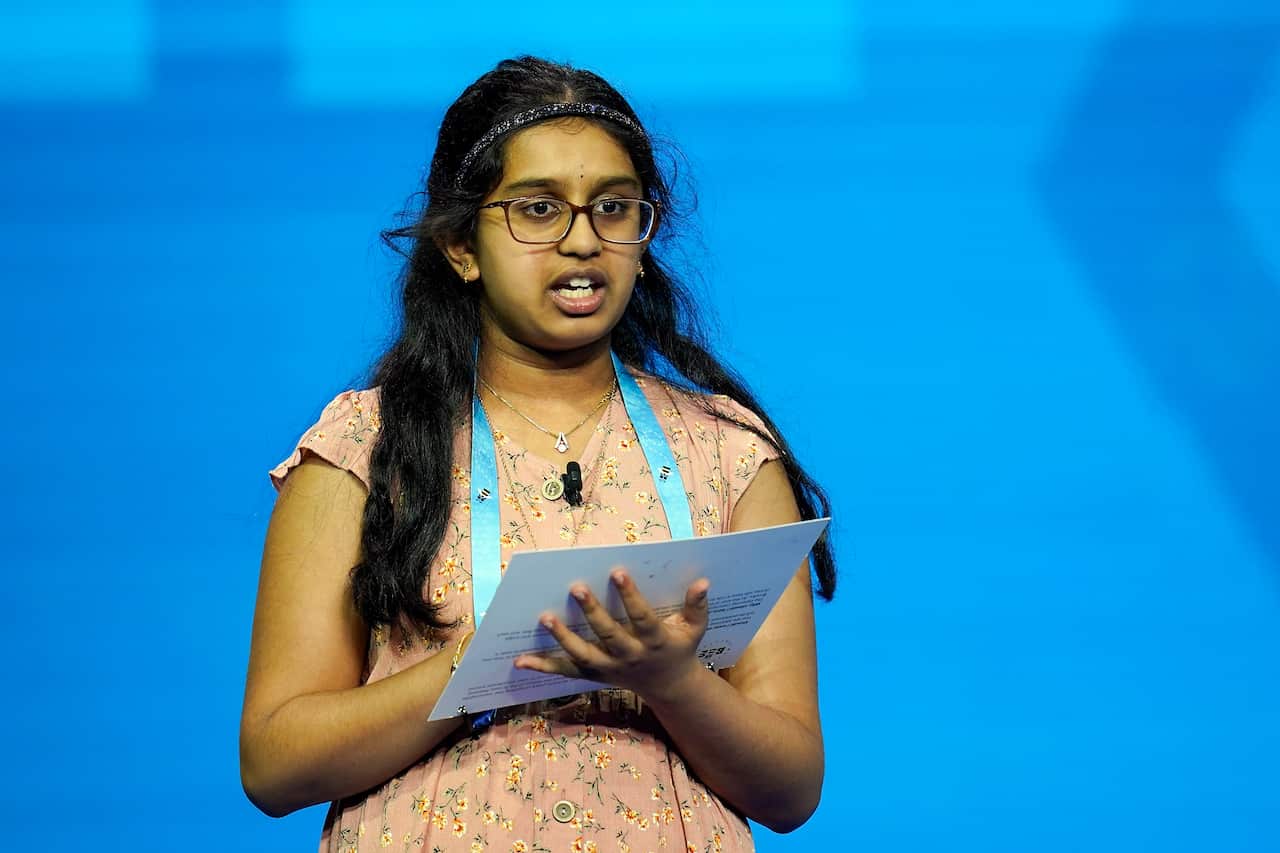 Chaitra Thummala, 12, from Texas competes during the finals of the 2021 Scripps National Spelling Bee.