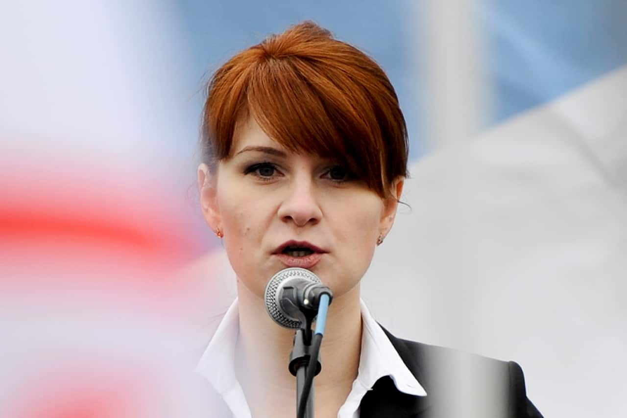 Butina addresses a pro-gun rally in Moscow.