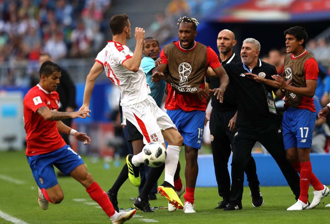 Nemanja Matic of Serbia clashes with Kendall Waston of Costa Rica as tempers flare during the 2018 FIFA World Cup Russia group E match