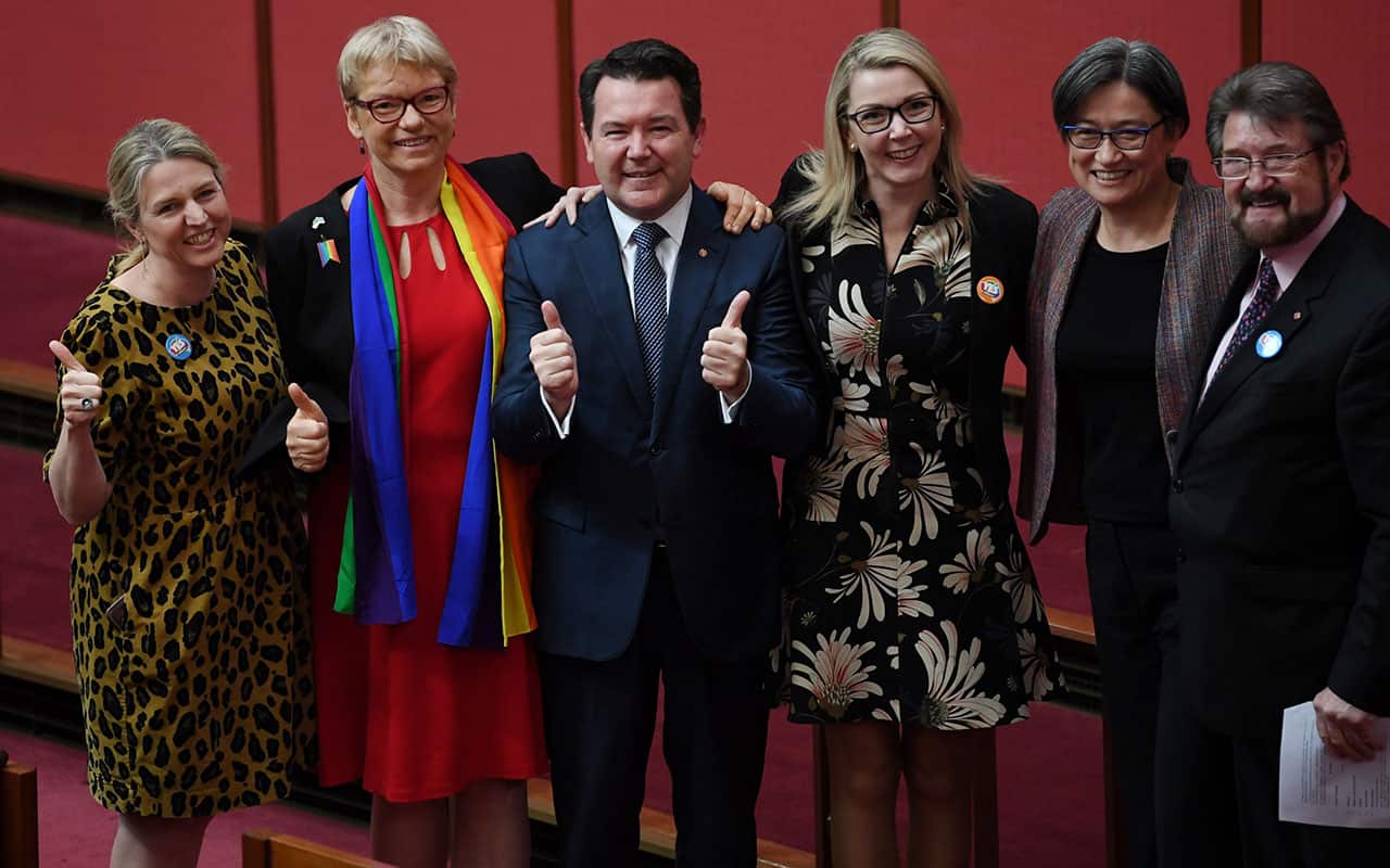 Supporters of the Marriage Amendment Bill on Same-Sex Marriage: Louise Pratt, Janet Rice, Dean Smith, Skye Kakoschke-Moore, Penny Wong and Derryn Hinch.