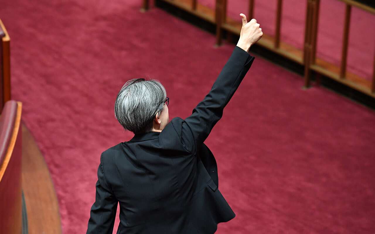 Shadow Minister for Foreign Affairs Penny Wong gives the thumbs up after the vote for the same-sex marriage bill in the Senate.