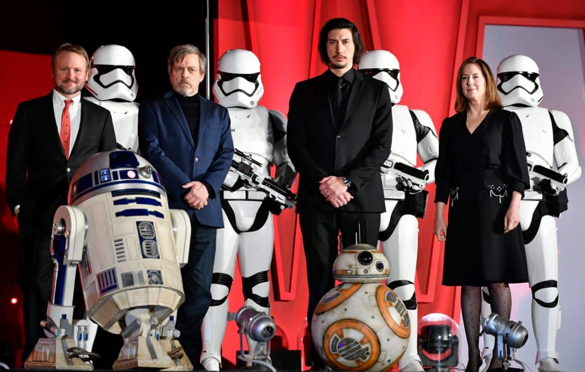 Mark Hamill (2-L) and Adam Driver (2-R) poses on stage with US film director Rian Johnson (L) and US film producer Kathleen Kennedy