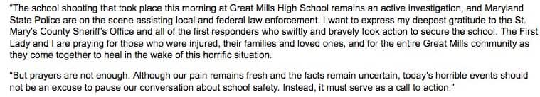 Statement from Maryland Governor Larry Hogan.