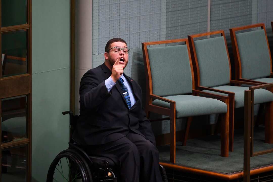 Australian Greens Senator Jordon Steel-John complains about extension of time during House of Representatives Question Time at Parliament House in Canberra, Thursday, February 14,  2019. (AAP Image/Lukas Coch) NO ARCHIVING