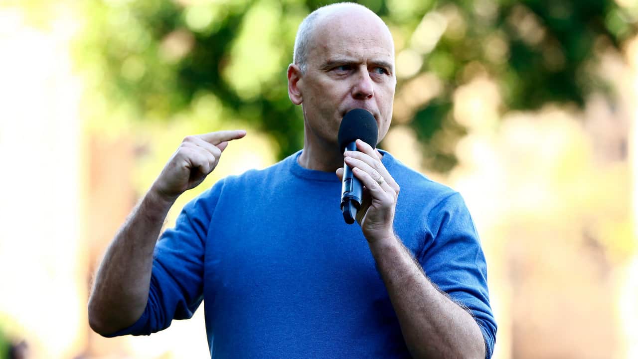 Canadian far-right podcaster Stefan Molyneux speaks during a 'Rally for South Africa' demonstration in Sydney.