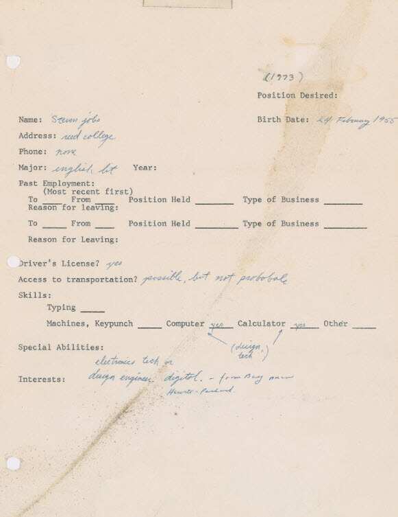 The form lists his name as "Steven jobs" and address as "reed college," the Portland, Oregon, college he attended briefly. Next to "Phone:" he wrote "none." Source: RR Auctions