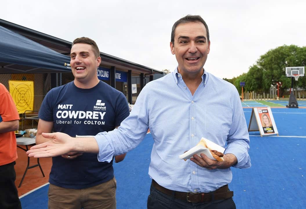 Opposition leader Steven Marshall with Liberal candidate Matt Cowdrey at Fulham Gardens Primary School.