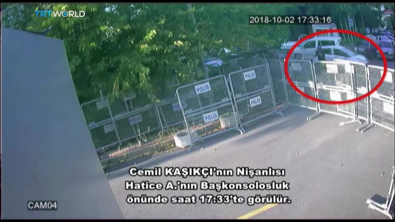 A CCTV still image allegedly shows Hatice Cengiz (circled), fiancee of Saudi journalist Jamal Khashoggi waiting outside the Saudi consulate in Istanbul.