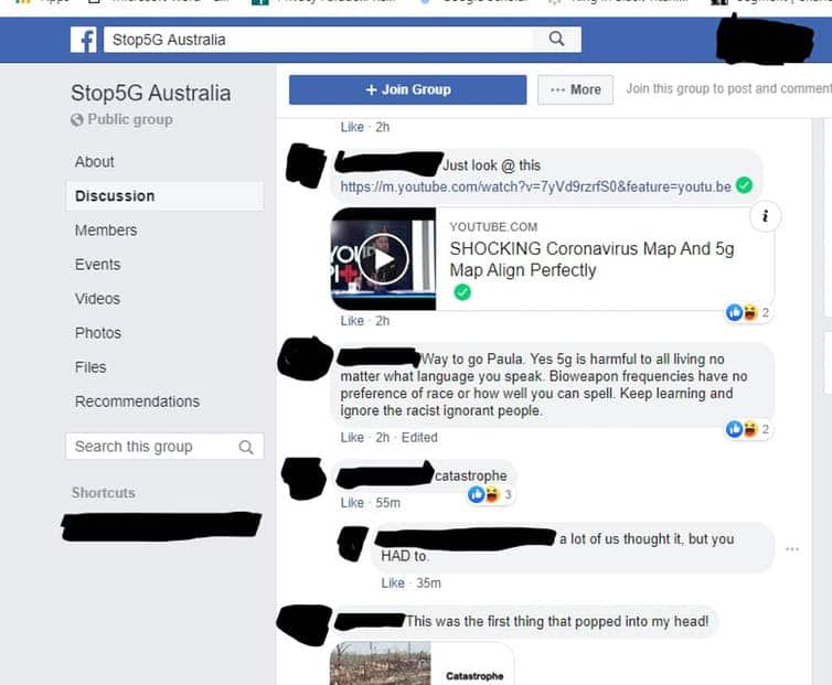 Members of a facebook group share posts and videos claiming 5G helps spread COVID-19.