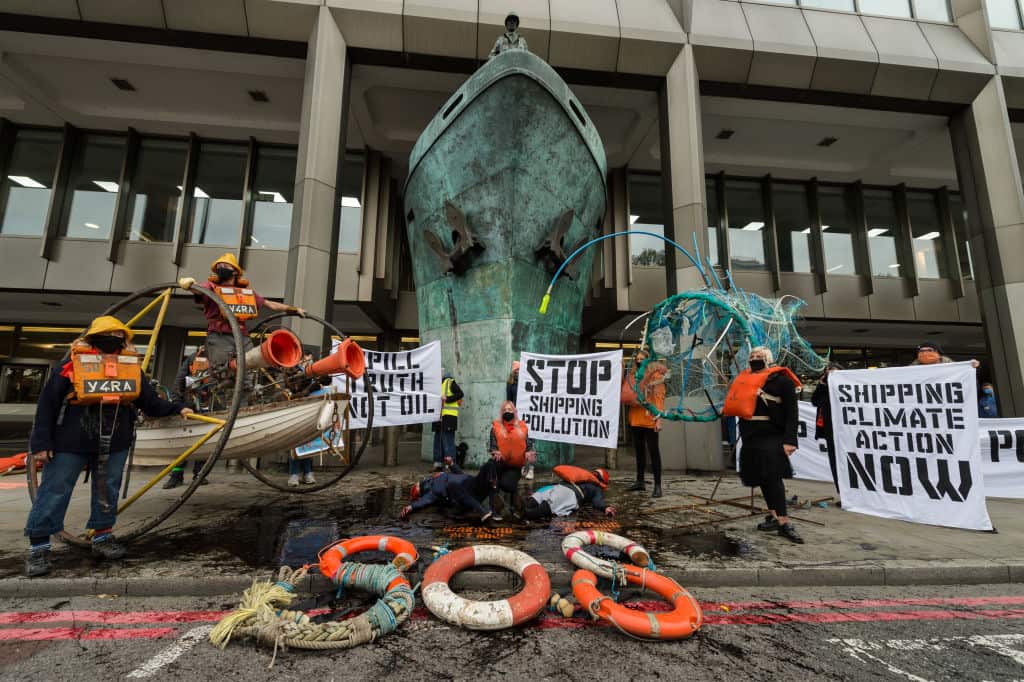 Activists from The Ocean Rebellion protest outside the UN's International Maritime Organisation on 19 October, 2020 in London, England. 