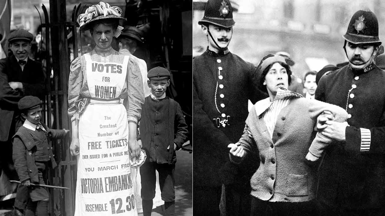 A suffragette campaigns for women's vote in 1908, left and right, police officers arrest a suffragette.