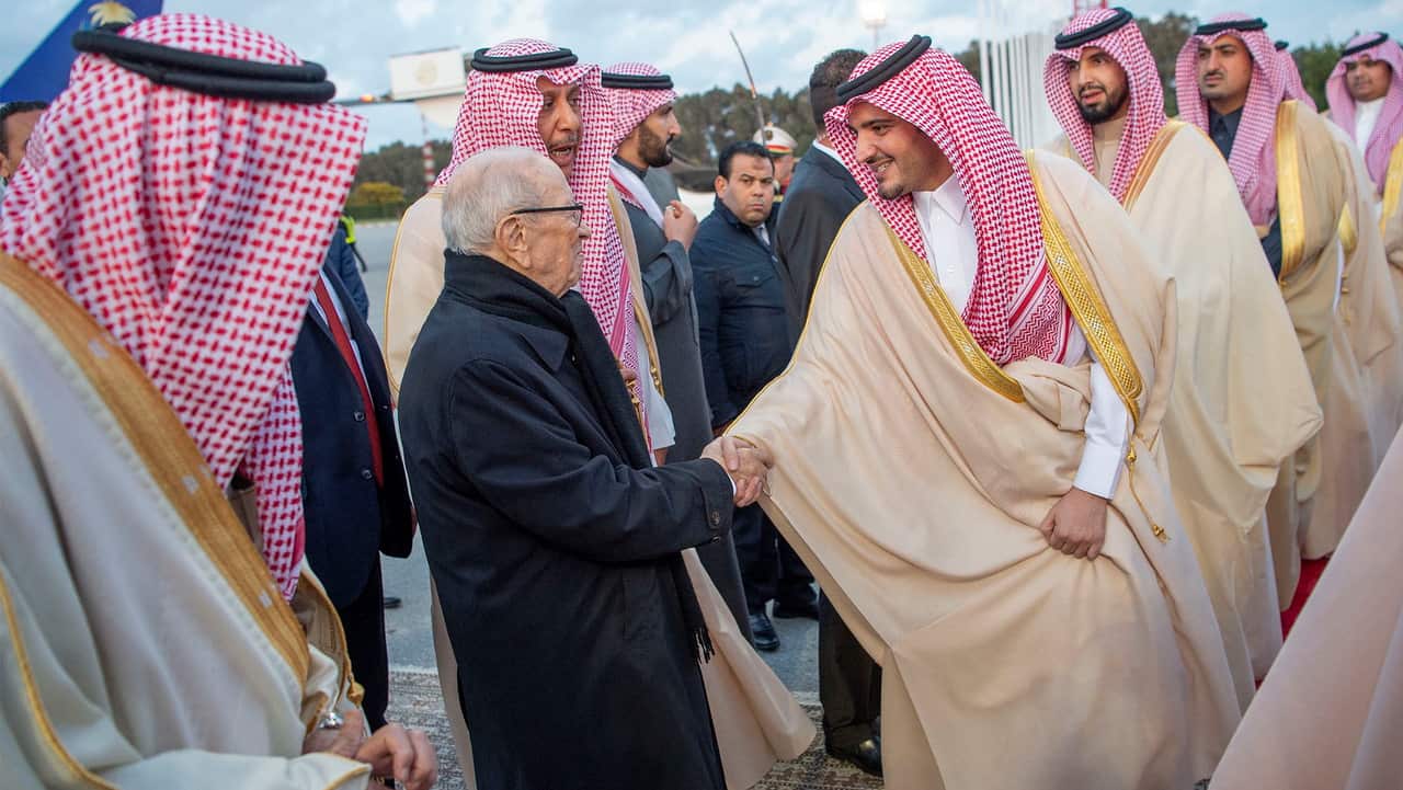President of Tunisia Beji Caid Essebs (C) greeting Saudi Arabian delegates upon their arrival in Tunis, Tunisia.