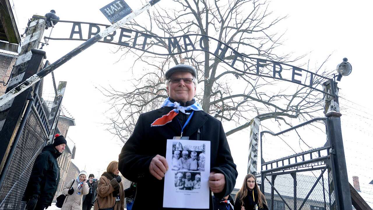 A survivor attends ceremonies marking the 74th anniversary of the liberation of the camp in Oswiecim, Poland.