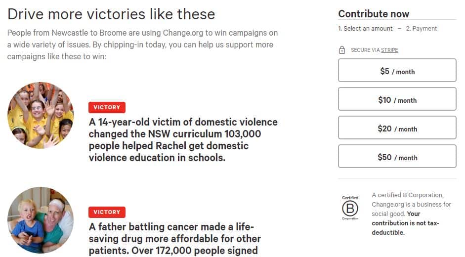  The 'Change.org sustainers' page, which requests donations. I notes the company is a 'business for social good'