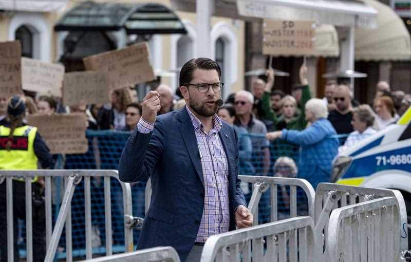 Jimme Akesson about to address an audience in Gothenburg.