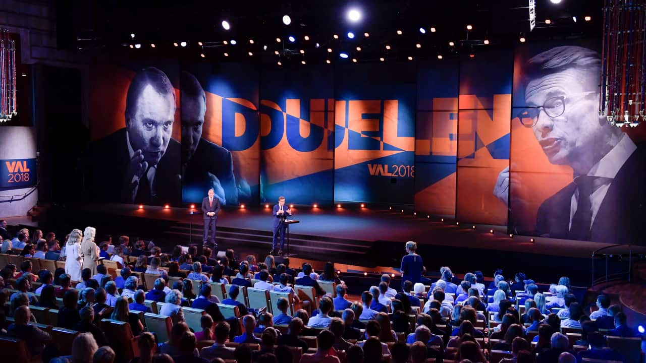 Stefan Lofven, leader of the Social Democratic Party and Ulf Kristersson, leader of the Moderate Party during a televised debate.