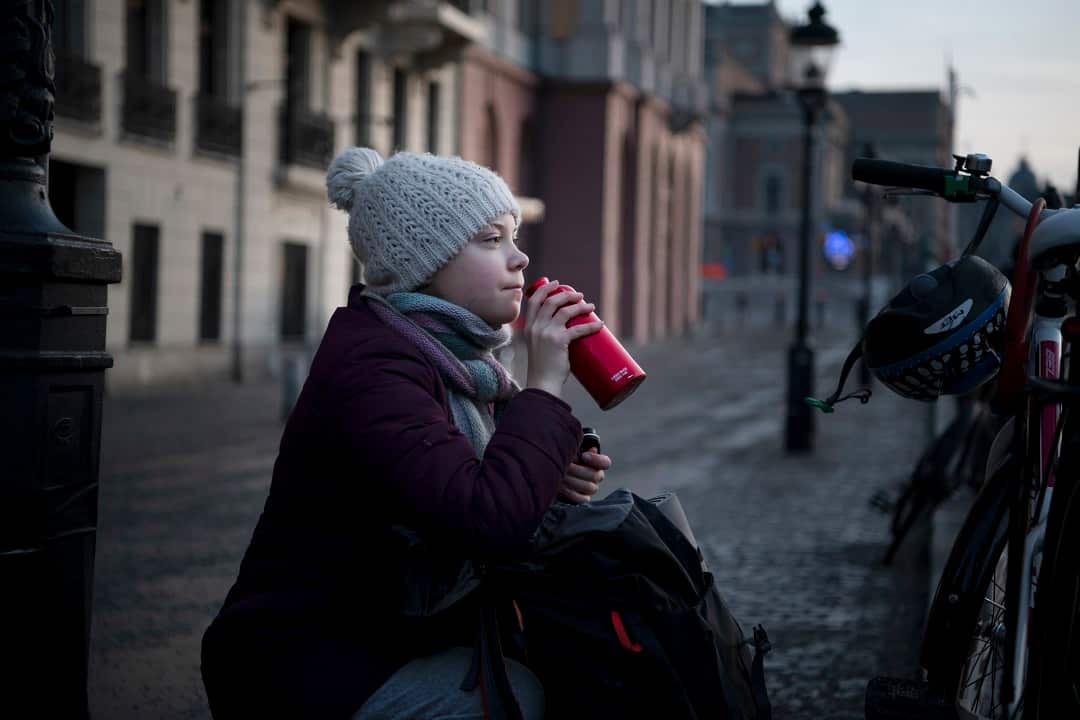 Greta Thunberg on her way to a demonstration calling for climate action at the Swedish Parliament in Stockholm.