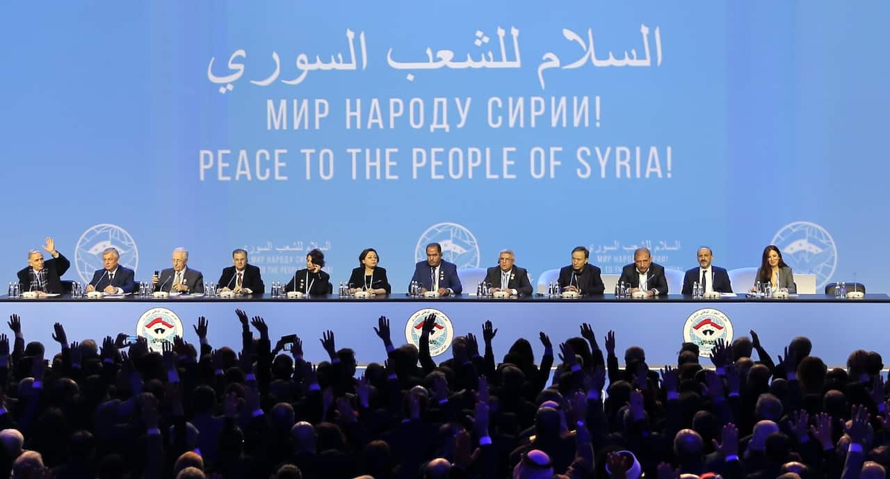 Delegates attend the Syrian National Dialogue Congress in the Black sea resort of Sochi, Russia, 30 January 2018.