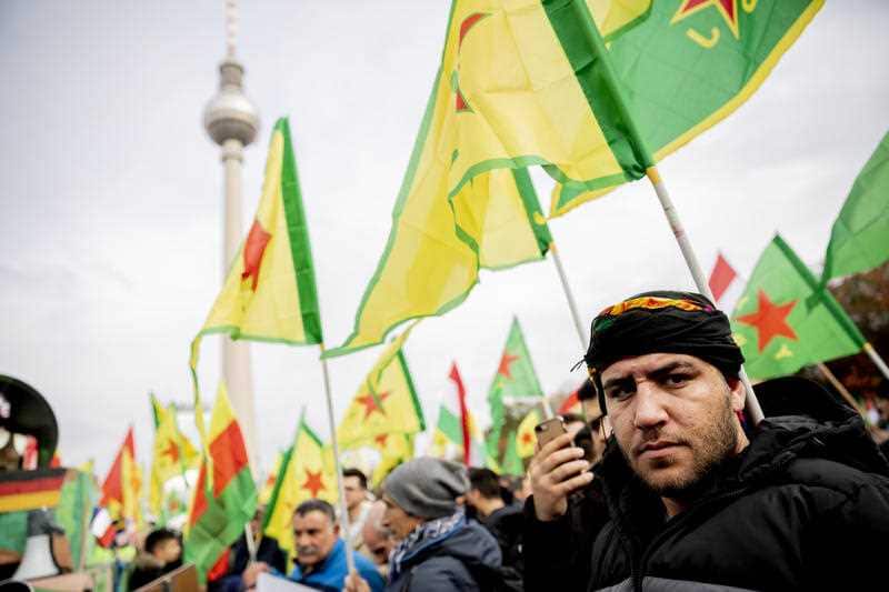 In Berlin, people take part in a demonstration against the Turkish military offensive in Northern Syria, under the motto "Stop the war”.