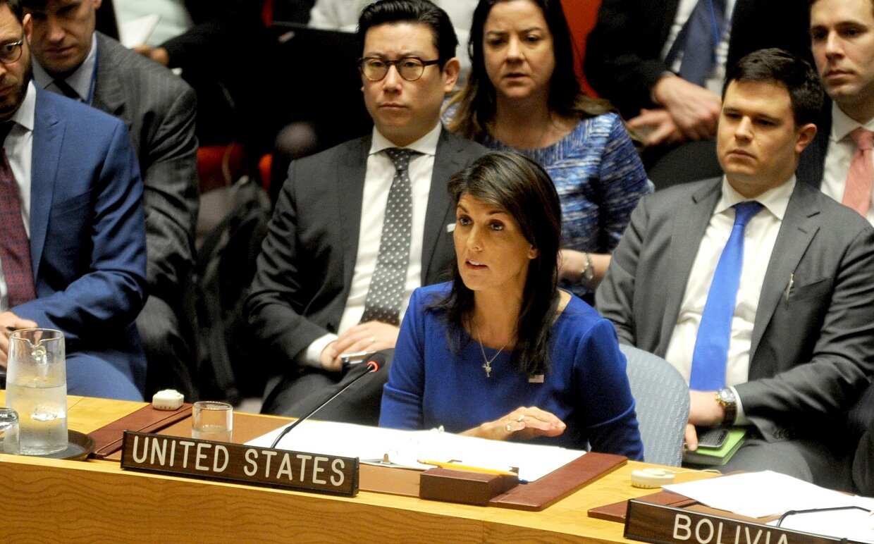 US Ambassador to the UN Nikki Haley speaks on Sunday.