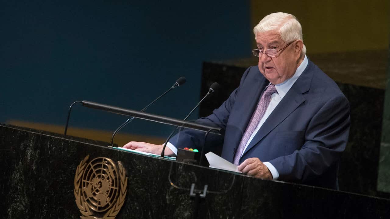 Syrian Deputy Prime Minister Walid Al-Moualem addresses the 73rd session of the United Nations General Assembly.