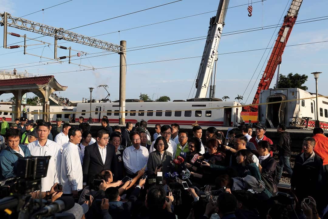Taiwan President Tsai Ing-wen visits the site of the derailed train in Yilan, Taiwan.