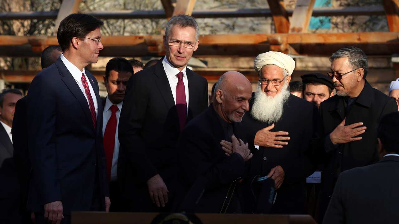 Afghan President Ashraf Ghani, NATO Secretary General Jens Stoltenberg, and US Secretary of Defense Mark Esper at the presidential palace in Kabul.