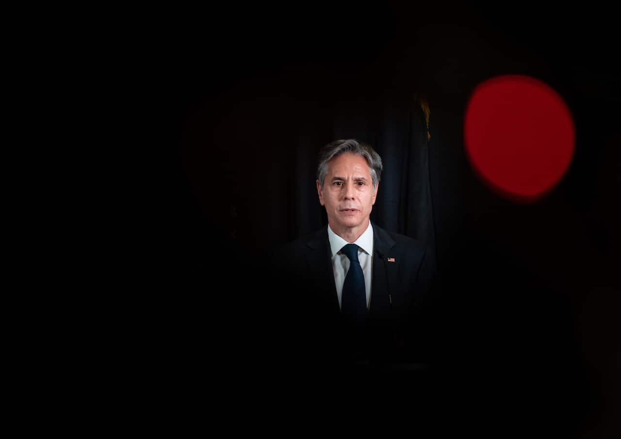 US Secretary of State Antony Blinken speaks at a joint press conference with the German Foreign Minister at the US Airbase in Ramstein.