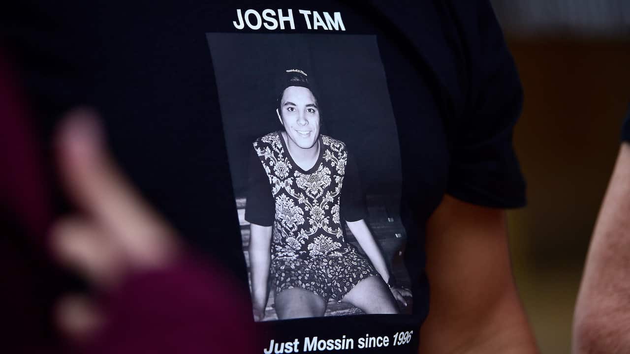 The parents of Joshua Tam, who died at Lost Paradise music festival in December 2018, wear T-shirt with his image on it.