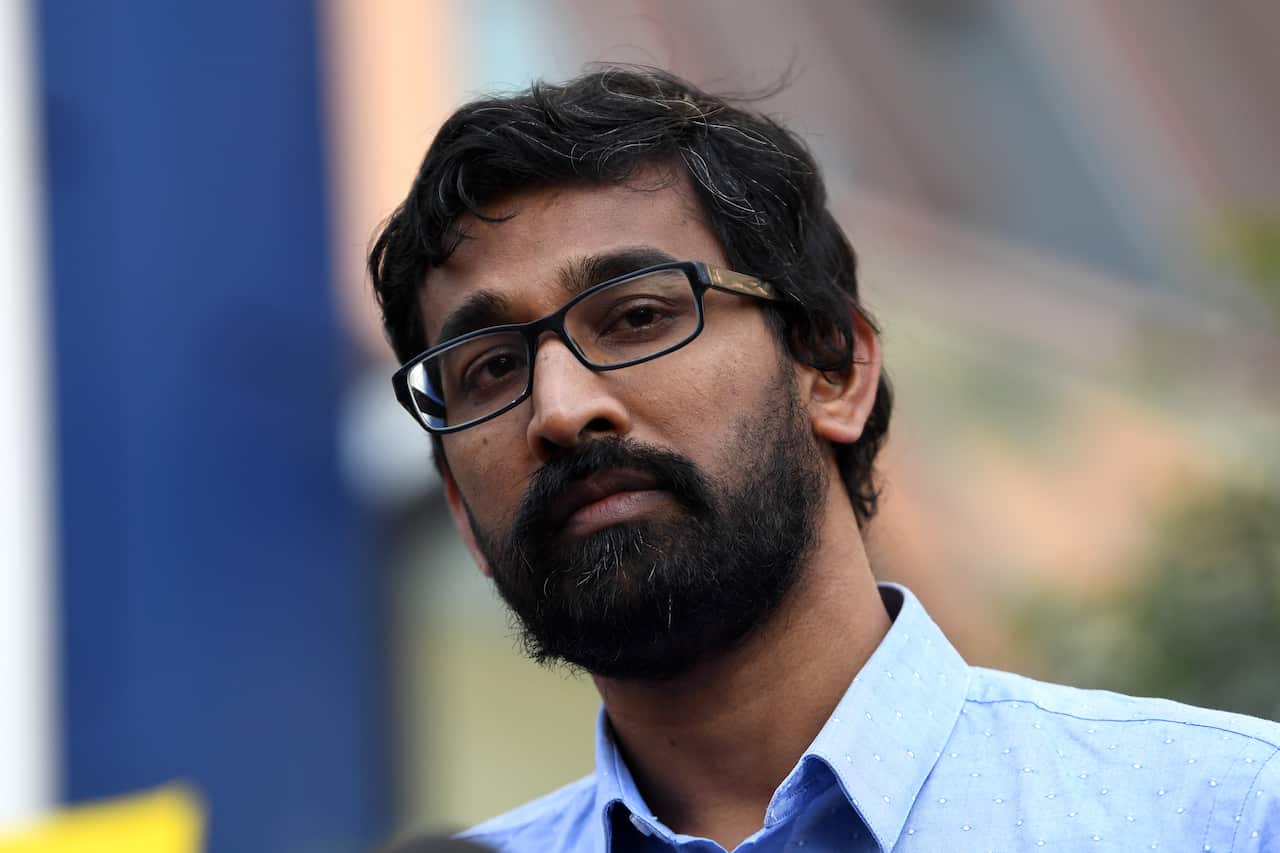 Tamil Refugee Council spokesman Aran Mylvaganam speaks to the media.