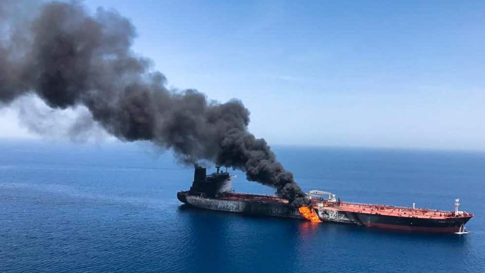 An oil tanker is seen after it was attacked at the Gulf of Oman.