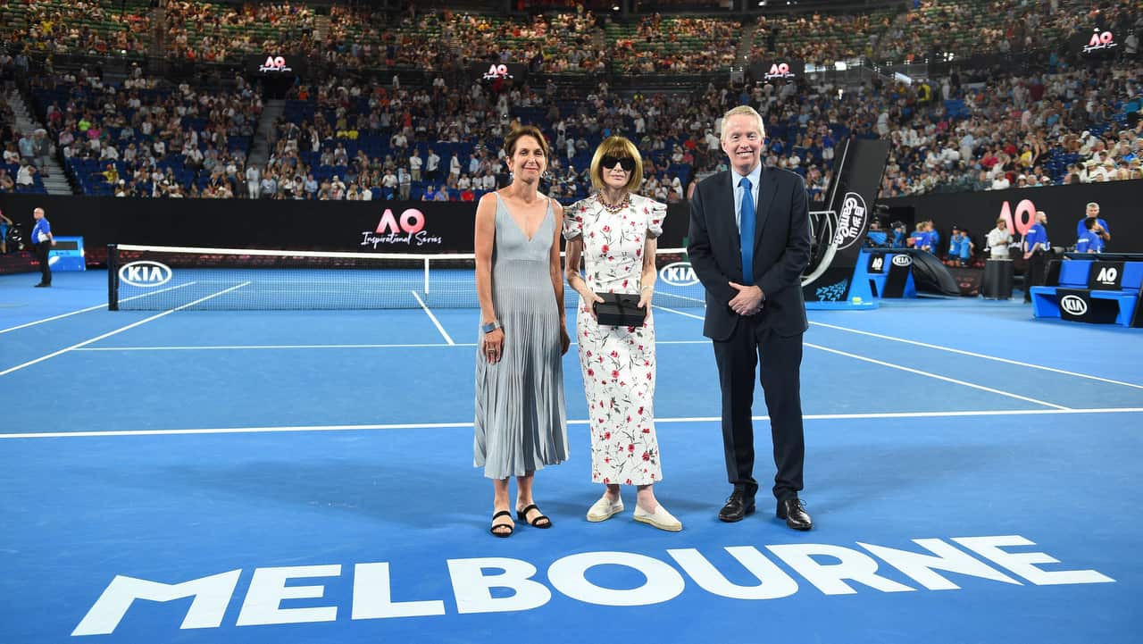 Anna Wintour, Craig Tiley and Jayne Hrdlicka attending the Women's Day Ceremony during day 11 of the 2019 Australian Open.