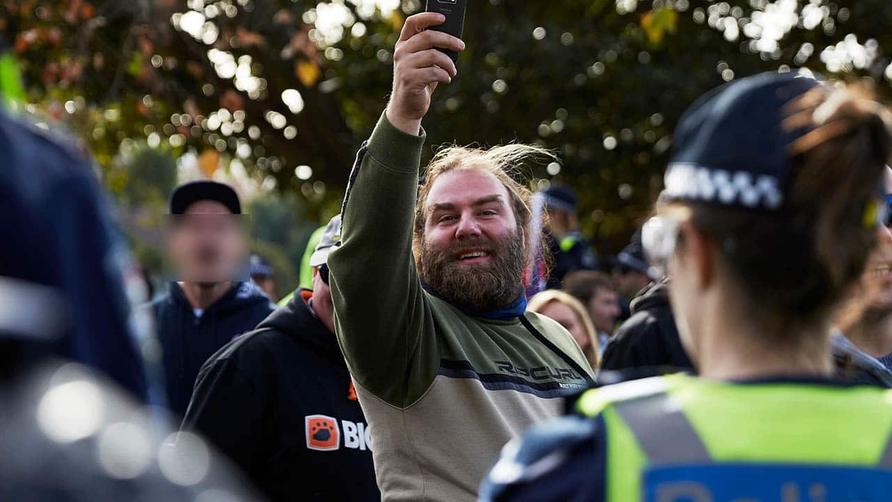 Galea, pictured at a 2016 right-wing rally, was associated with far-right group Reclaim Australia.