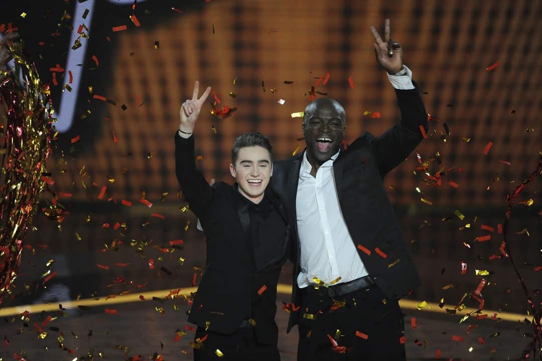 Harrison Craig with singer Seal after being announced as the winner of The Voice in 2013.
