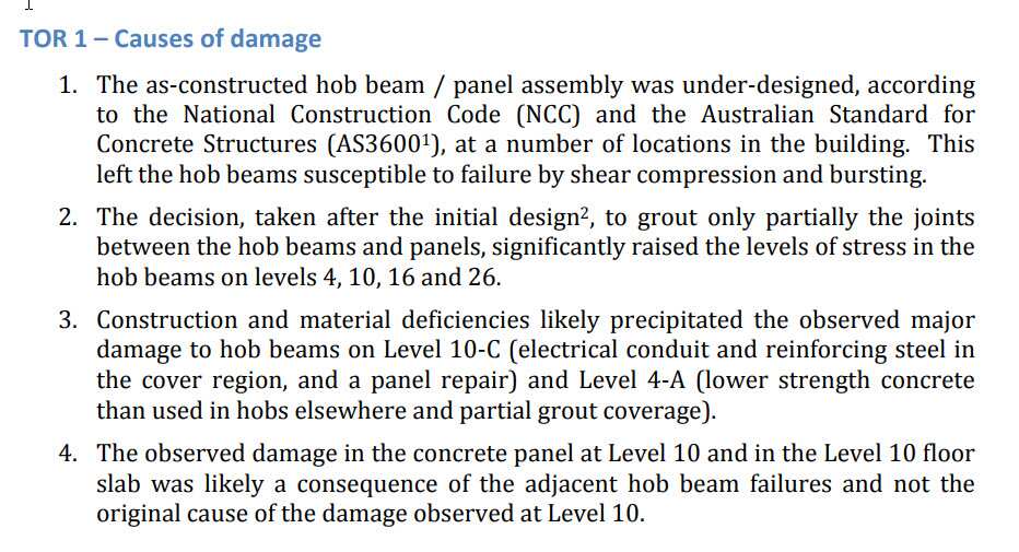 The causes of damage at Sydney's Opal Tower as summarised in the final report.