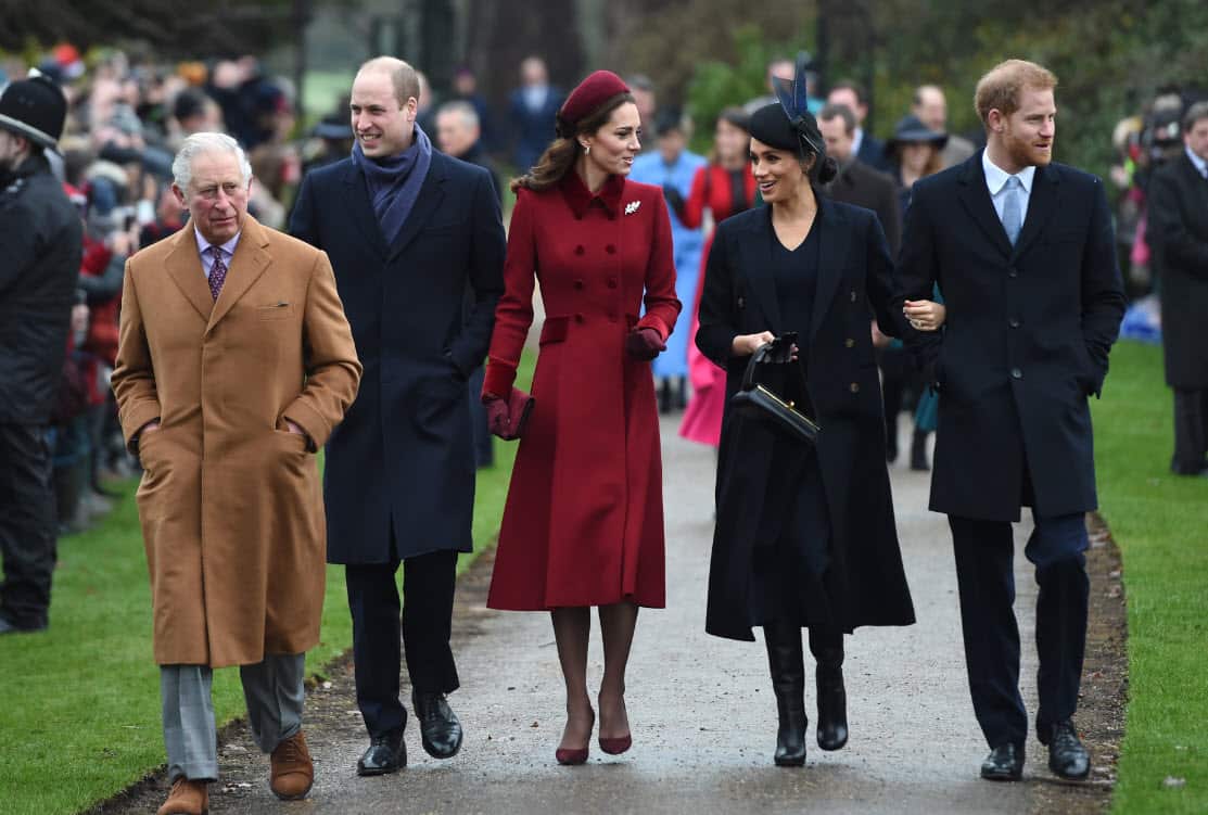 The Prince of Wales, the Duke of Cambridge, the Duchess of Cambridge, the Duchess of Sussex and the Duke of Sussex arriving to attend the Christmas Day morning church service at St Mary Magdalene Church in Sandringham (AAP)
